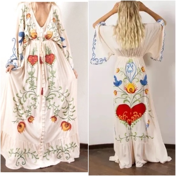 Boho Embroidered Hearts Floral Birds Long Maxi Kimono Dress - Picture 3 of 16